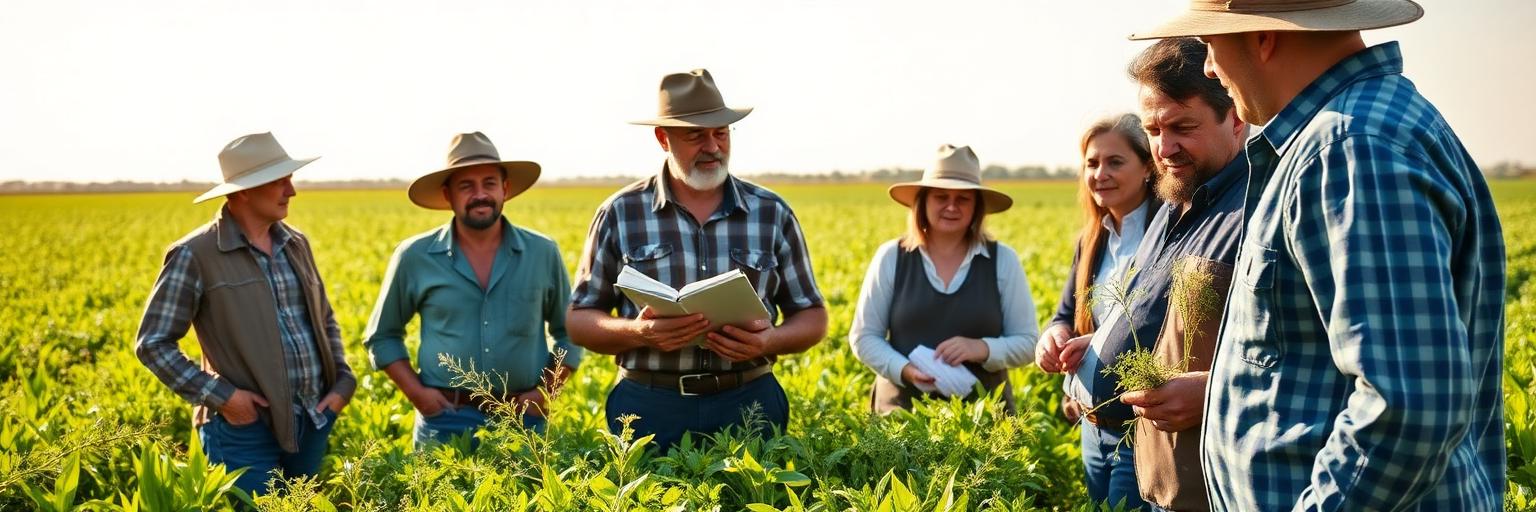 Farmers learning together in a green field